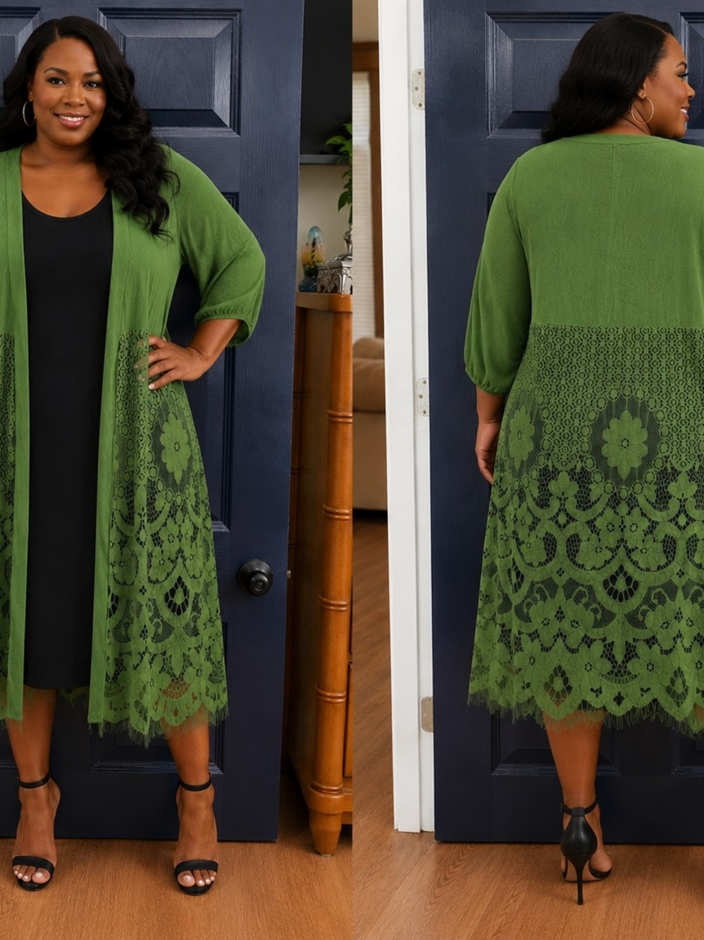 Siren Lily Olive Green Lace-Trim Open Cardigan